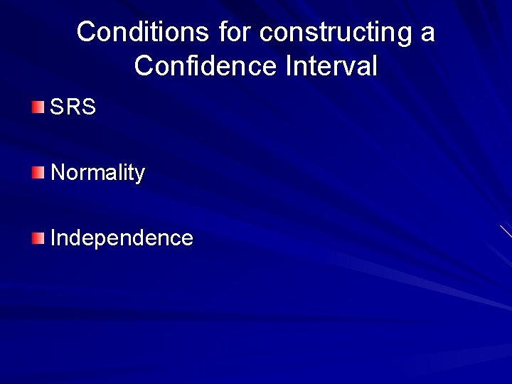 Conditions for constructing a Confidence Interval SRS Normality Independence 