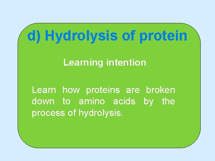 d) Hydrolysis of protein Learning intention Learn how proteins are broken down to amino