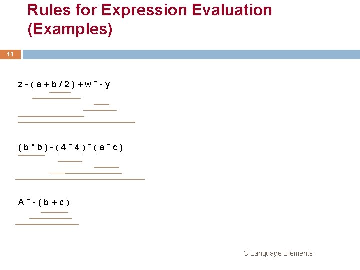 Rules for Expression Evaluation (Examples) 11 z - ( a + b / 2