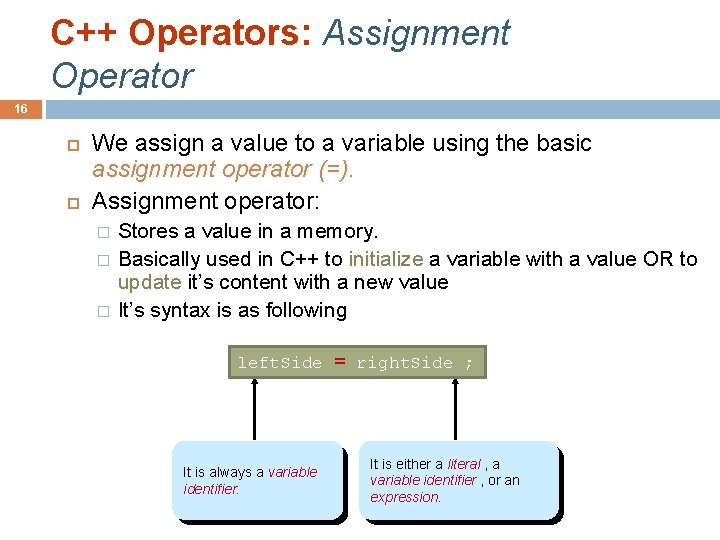 C++ Operators: Assignment Operator 16 We assign a value to a variable using the