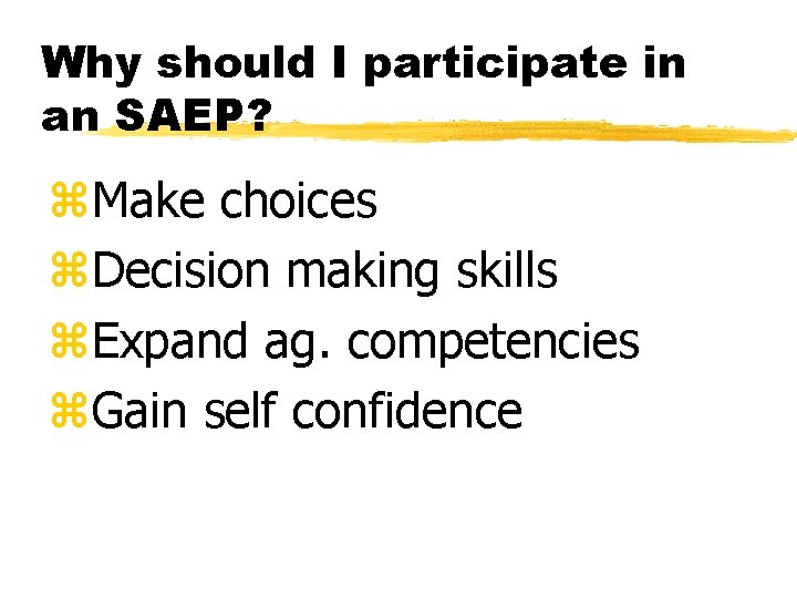 Why should I participate in an SAEP? z. Make choices z. Decision making skills