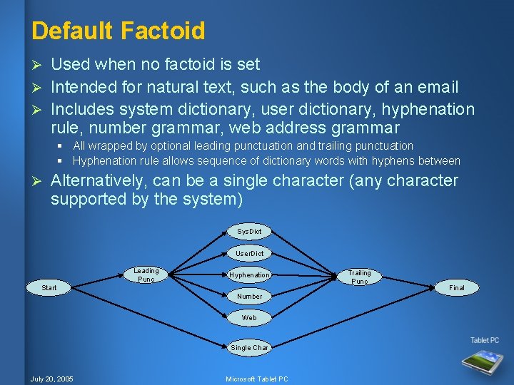 Default Factoid Used when no factoid is set Ø Intended for natural text, such Default Factoid Used when no factoid is set Ø Intended for natural text, such