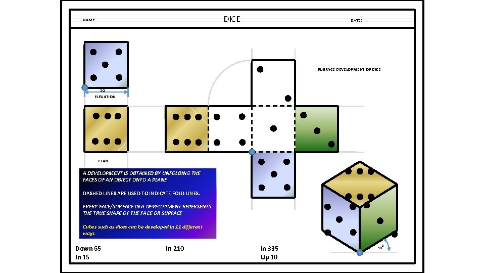 DICE NAME: DATE: SURFACE DEVELOPMENT OF DICE 50 ELEVATION PLAN A DEVELOPMENT IS OBTAINED DICE NAME: DATE: SURFACE DEVELOPMENT OF DICE 50 ELEVATION PLAN A DEVELOPMENT IS OBTAINED