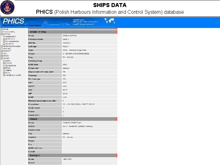 SHIPS DATA PHICS (Polish Harbours Information and Control System) database 