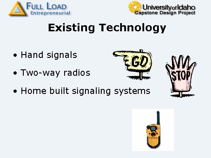 Existing Technology • Hand signals • Two-way radios • Home built signaling systems 