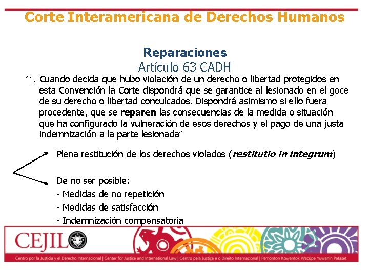 Corte Interamericana de Derechos Humanos Reparaciones Artículo 63 CADH “ 1. Cuando decida que