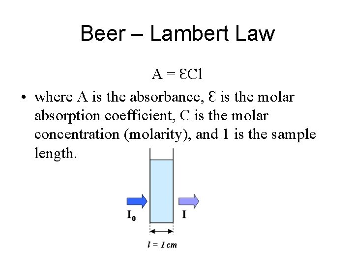 Beer – Lambert Law A = ƐCl • where A is the absorbance, Ɛ