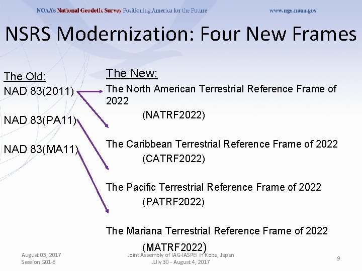 NSRS Modernization: Four New Frames The Old: NAD 83(2011) NAD 83(PA 11) NAD 83(MA