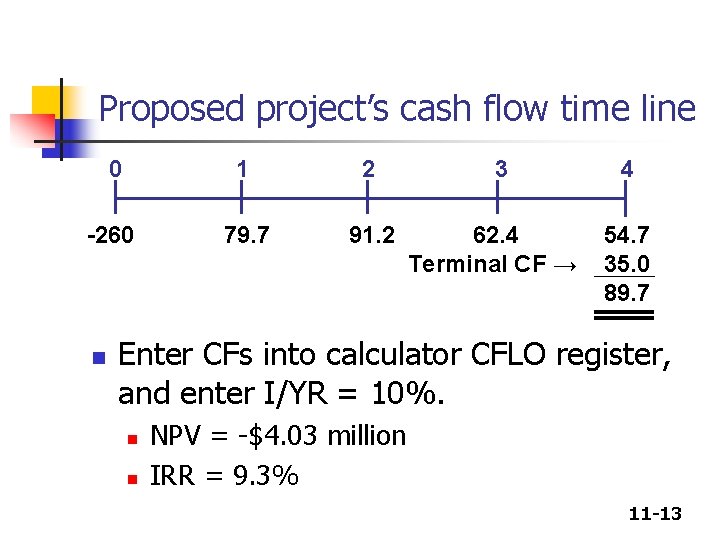 Proposed project’s cash flow time line 0 1 2 -260 79. 7 91. 2