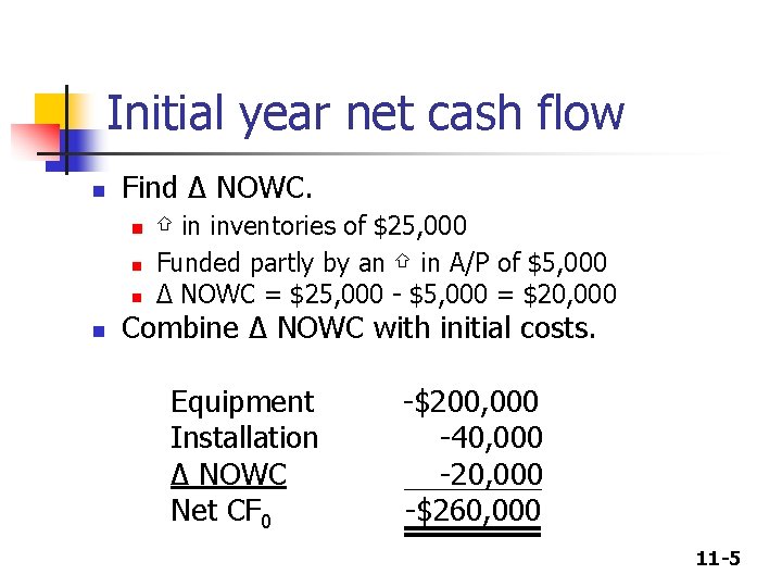 Initial year net cash flow n Find Δ NOWC. n ⇧ in inventories of Initial year net cash flow n Find Δ NOWC. n ⇧ in inventories of