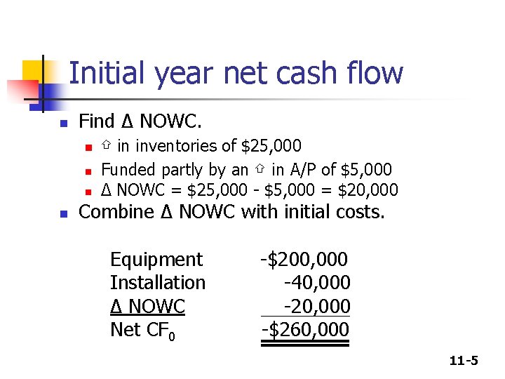 Initial year net cash flow n Find Δ NOWC. n ⇧ in inventories of