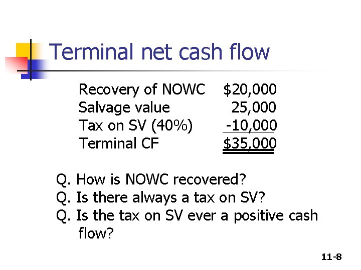 Terminal net cash flow Recovery of NOWC Salvage value Tax on SV (40%) Terminal Terminal net cash flow Recovery of NOWC Salvage value Tax on SV (40%) Terminal
