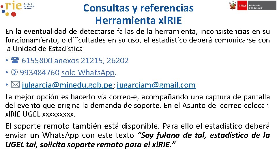 Consultas y referencias Herramienta xl. RIE En la eventualidad de detectarse fallas de la