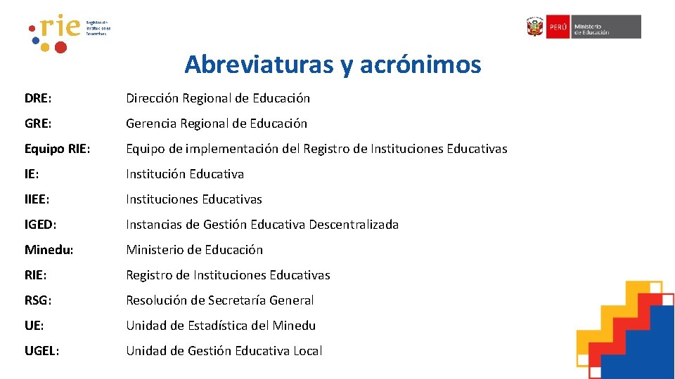 Abreviaturas y acrónimos DRE: Dirección Regional de Educación GRE: Gerencia Regional de Educación Equipo