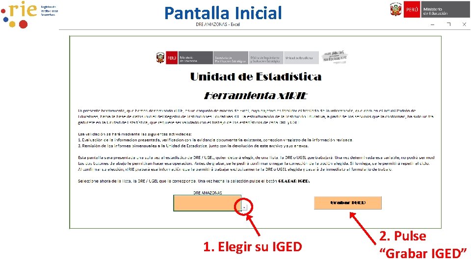 Pantalla Inicial 1. Elegir su IGED 2. Pulse “Grabar IGED” 