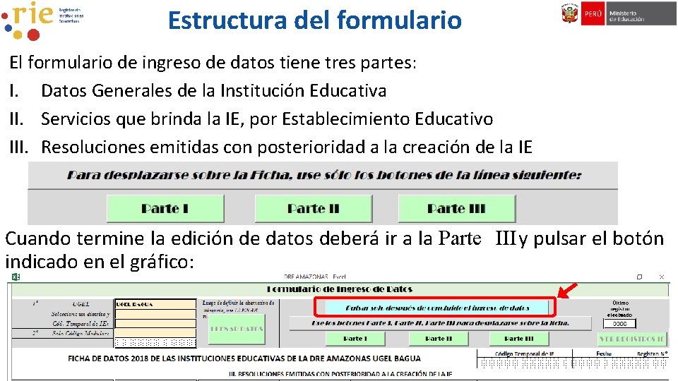 Estructura del formulario El formulario de ingreso de datos tiene tres partes: I. Datos