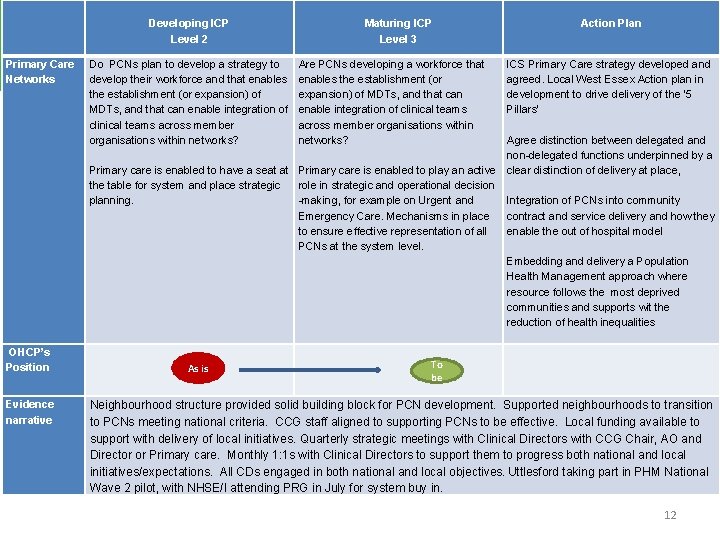 Developing ICP Level 2 Primary Care Networks Maturing ICP Level 3 Action Plan Do
