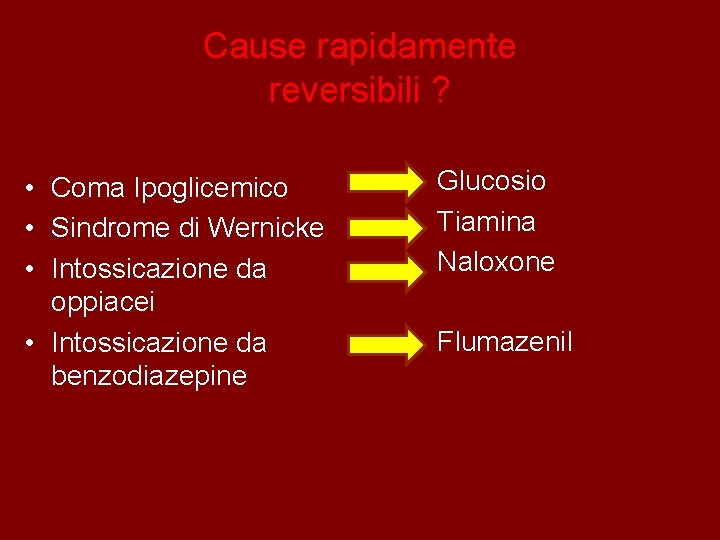 Cause rapidamente reversibili ? • Coma Ipoglicemico • Sindrome di Wernicke • Intossicazione da