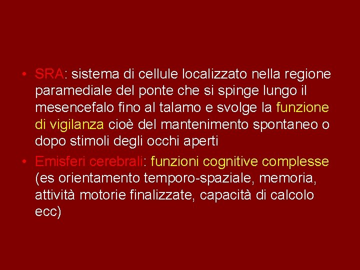  • SRA: sistema di cellule localizzato nella regione paramediale del ponte che si