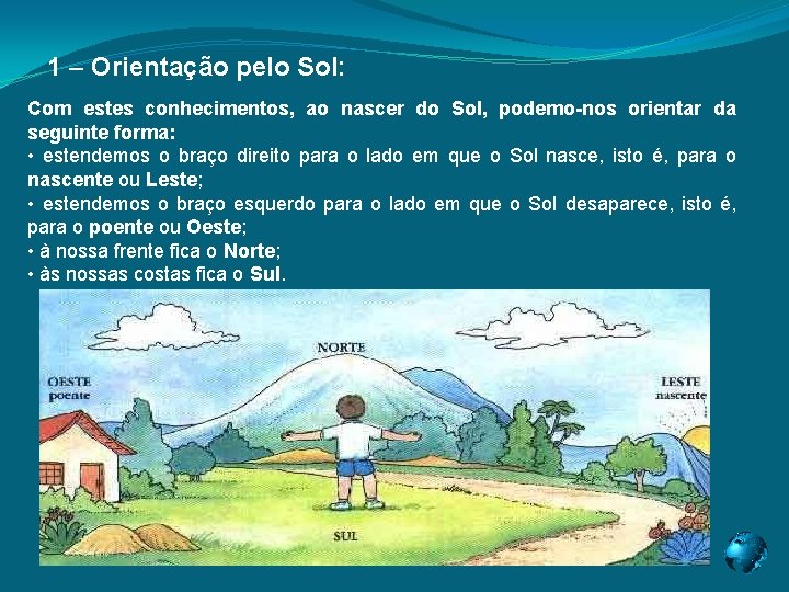 1 – Orientação pelo Sol: Com estes conhecimentos, ao nascer do Sol, podemo-nos orientar