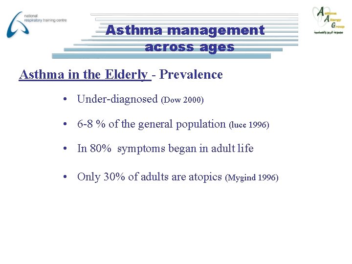 Asthma management across ages Asthma in the Elderly - Prevalence • Under-diagnosed (Dow 2000)