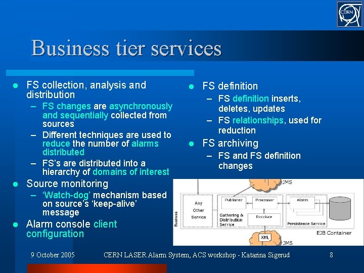 Business tier services l FS collection, analysis and distribution – FS changes are asynchronously