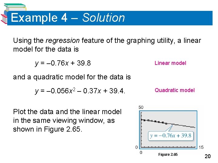 Example 4 – Solution Using the regression feature of the graphing utility, a linear