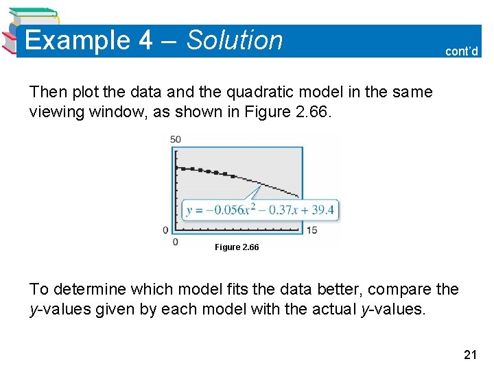 Example 4 – Solution cont’d Then plot the data and the quadratic model in