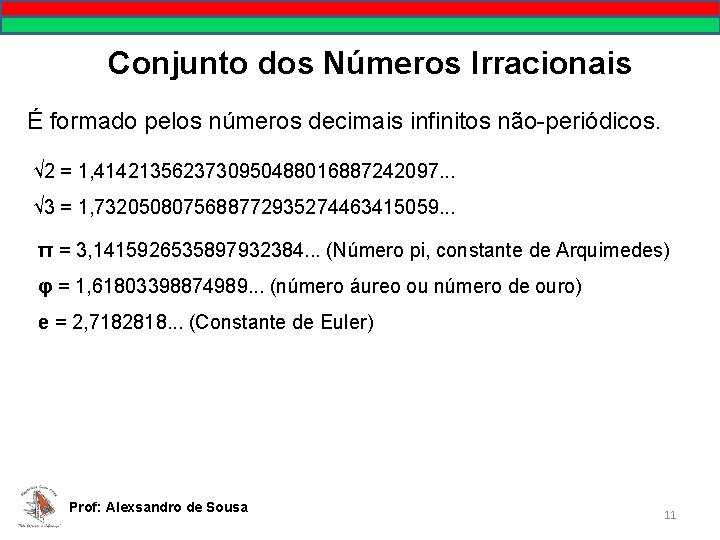 Conjunto dos Números Irracionais É formado pelos números decimais infinitos não-periódicos. √ 2 =