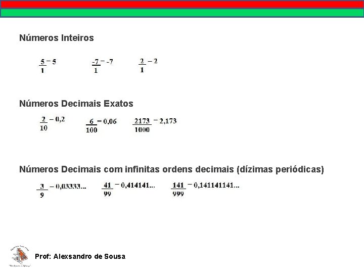 Números Inteiros Números Decimais Exatos Números Decimais com infinitas ordens decimais (dízimas periódicas) Prof: