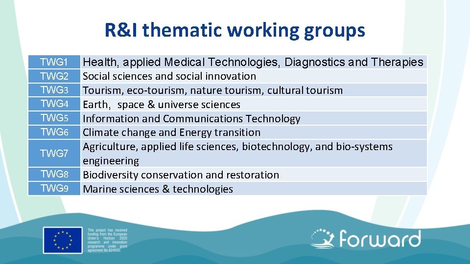 R&I thematic working groups TWG 1 TWG 2 TWG 3 TWG 4 TWG 5