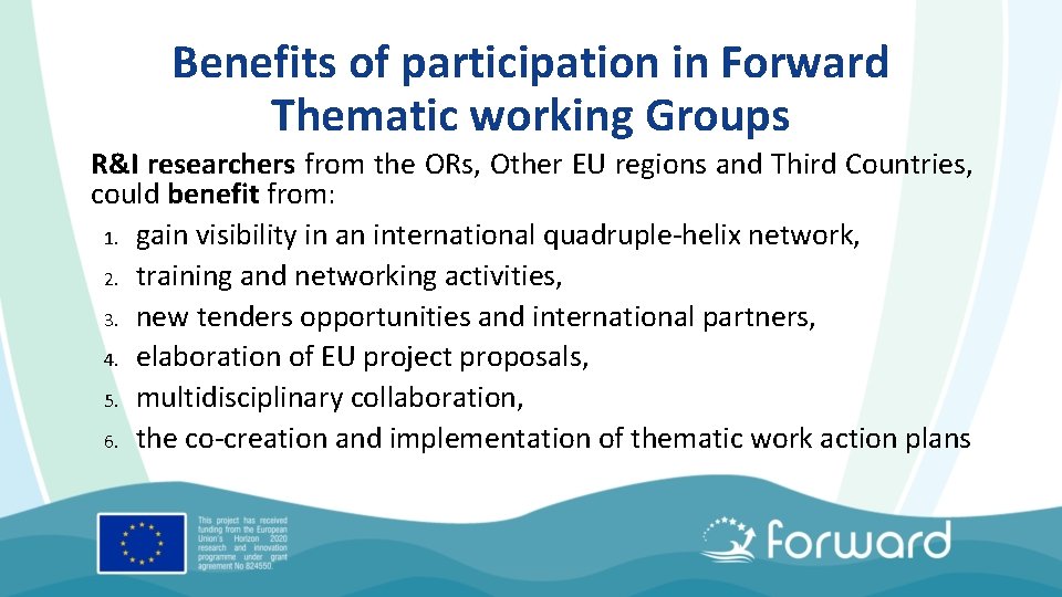 Benefits of participation in Forward Thematic working Groups R&I researchers from the ORs, Other