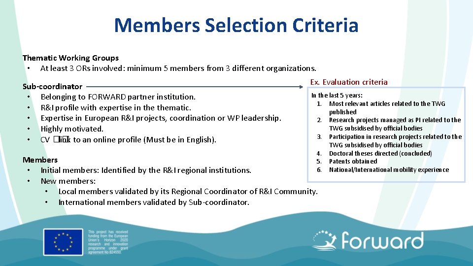 Members Selection Criteria Thematic Working Groups • At least 3 ORs involved: minimum 5