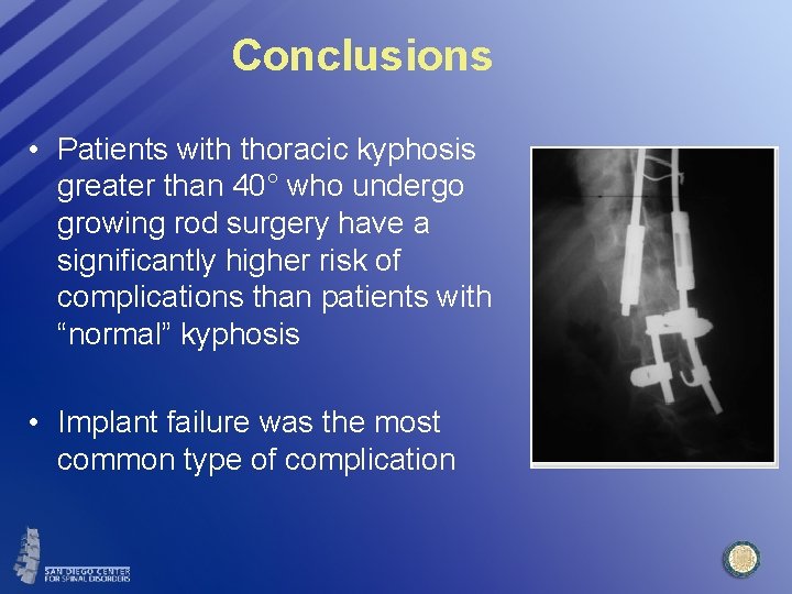 Conclusions • Patients with thoracic kyphosis greater than 40° who undergo growing rod surgery