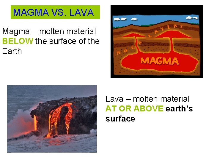 MAGMA VS. LAVA Magma – molten material BELOW the surface of the Earth Lava