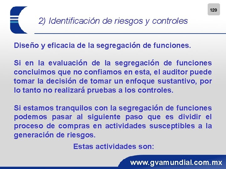 120 2) Identificación de riesgos y controles Diseño y eficacia de la segregación de