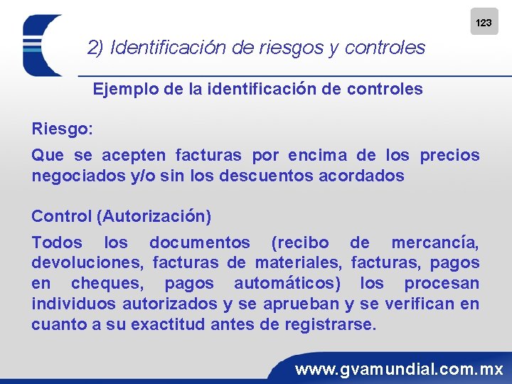 123 2) Identificación de riesgos y controles Ejemplo de la identificación de controles Riesgo: