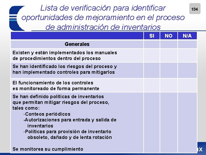 Lista de verificación para identificar oportunidades de mejoramiento en el proceso de administración de