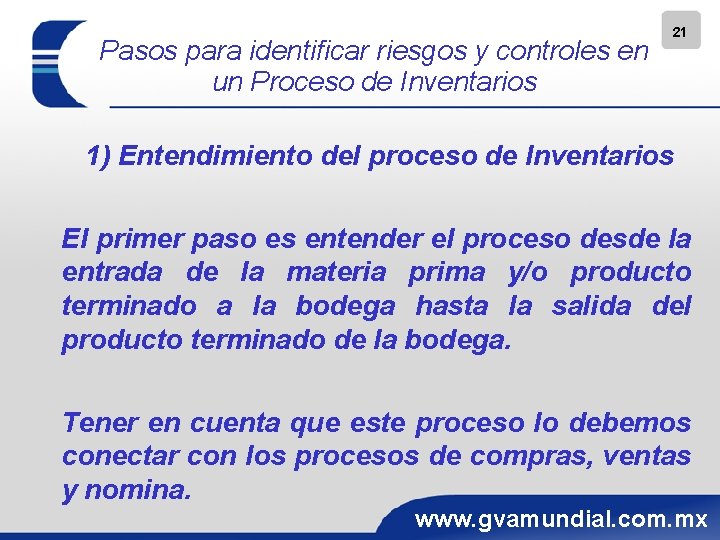 Pasos para identificar riesgos y controles en un Proceso de Inventarios 21 1) Entendimiento