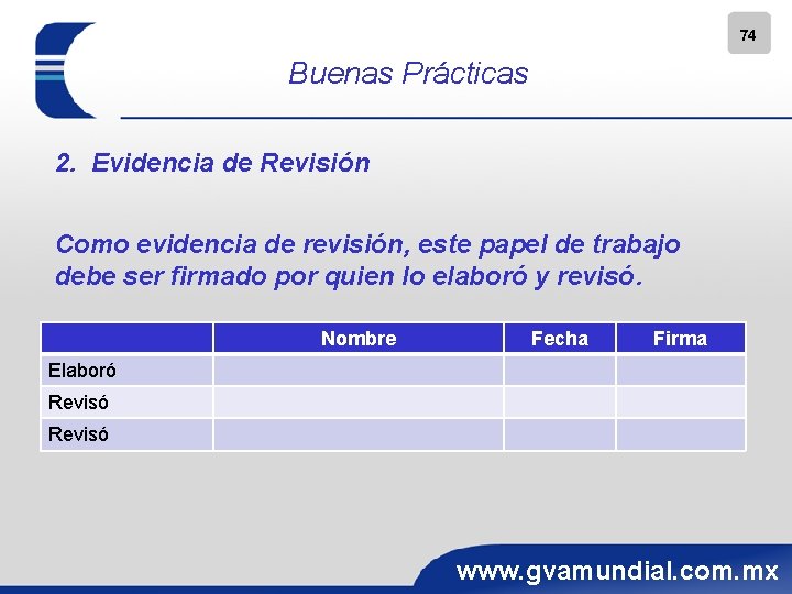 74 Buenas Prácticas 2. Evidencia de Revisión Como evidencia de revisión, este papel de