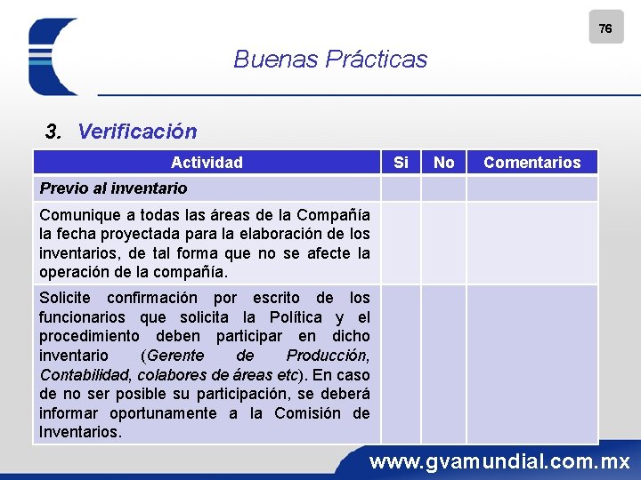 76 Buenas Prácticas 3. Verificación Actividad Si No Comentarios Previo al inventario Comunique a
