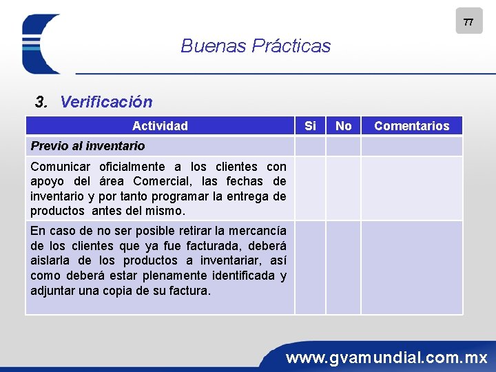77 Buenas Prácticas 3. Verificación Actividad Si No Comentarios Previo al inventario Comunicar oficialmente