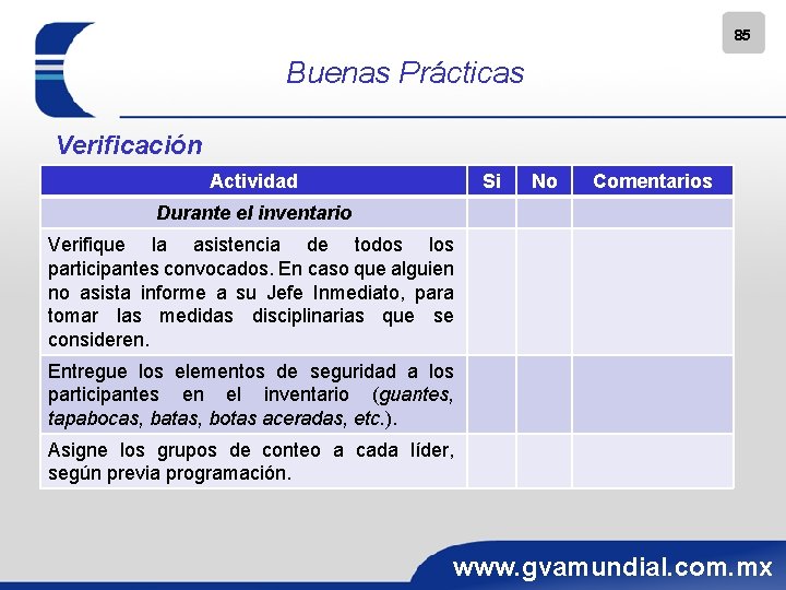 85 Buenas Prácticas Verificación Actividad Si No Comentarios Durante el inventario Verifique la asistencia