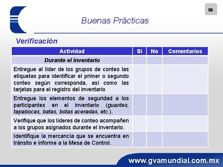 86 Buenas Prácticas Verificación Actividad Si No Comentarios Durante el inventario Entregue al líder