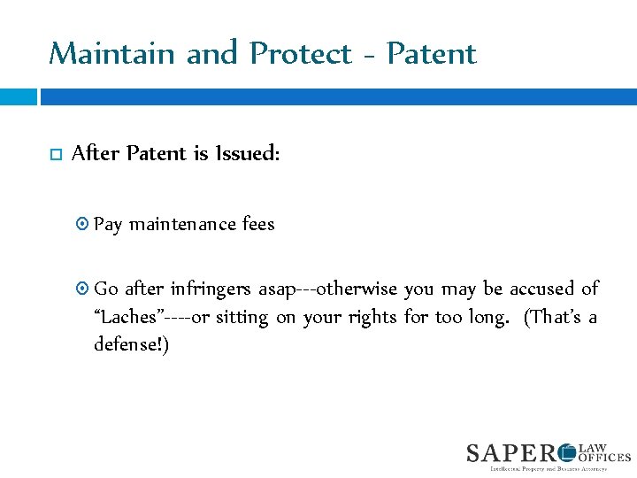 Maintain and Protect - Patent After Patent is Issued: Pay maintenance fees Go after