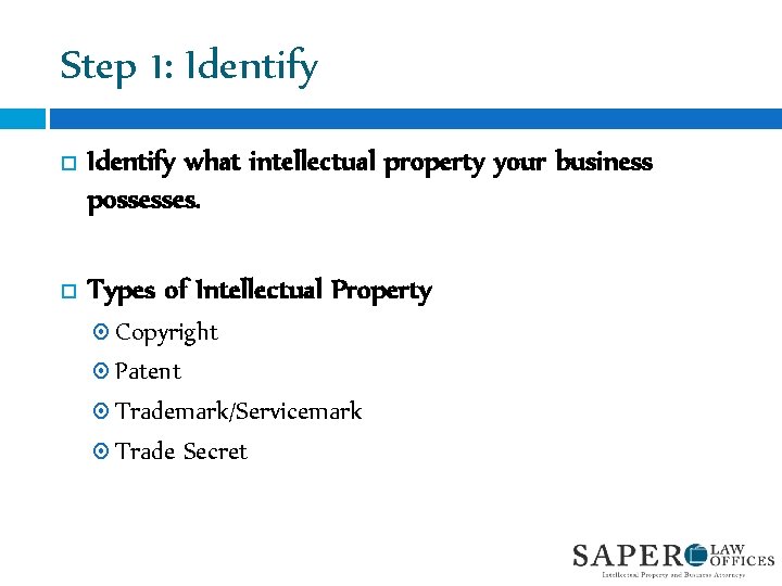 Step 1: Identify what intellectual property your business possesses. Types of Intellectual Property Copyright