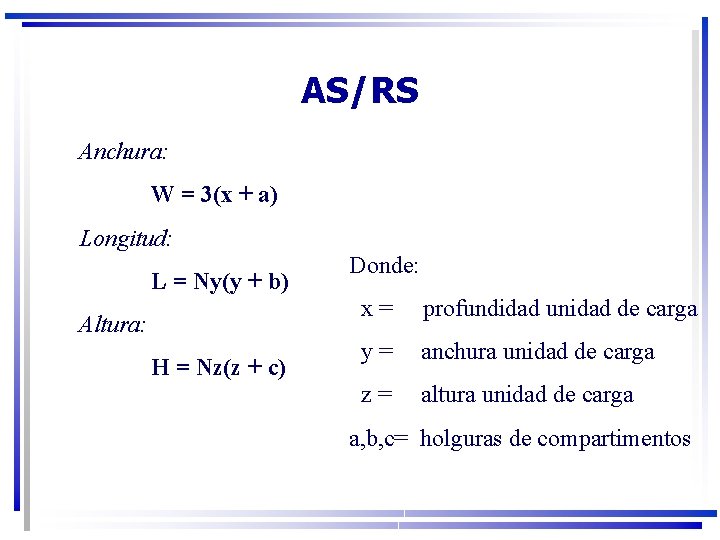 AS/RS Anchura: W = 3(x + a) Longitud: L = Ny(y + b) Altura: