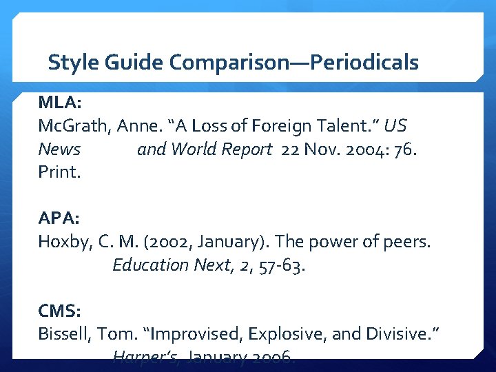 Style Guide Comparison—Periodicals MLA: Mc. Grath, Anne. “A Loss of Foreign Talent. ” US