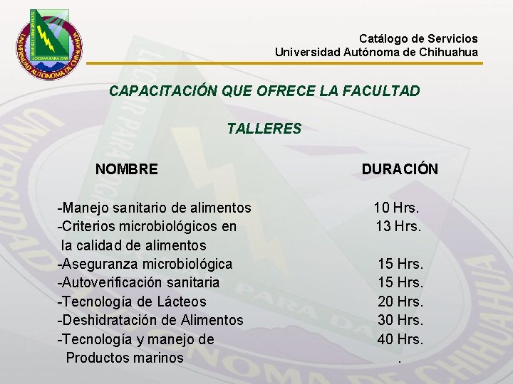 Catálogo de Servicios Universidad Autónoma de Chihuahua CAPACITACIÓN QUE OFRECE LA FACULTAD TALLERES NOMBRE