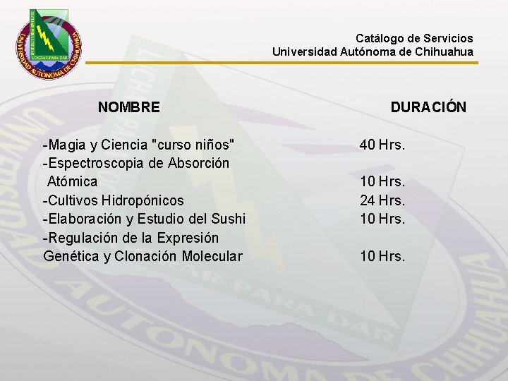 Catálogo de Servicios Universidad Autónoma de Chihuahua NOMBRE -Magia y Ciencia "curso niños" -Espectroscopia